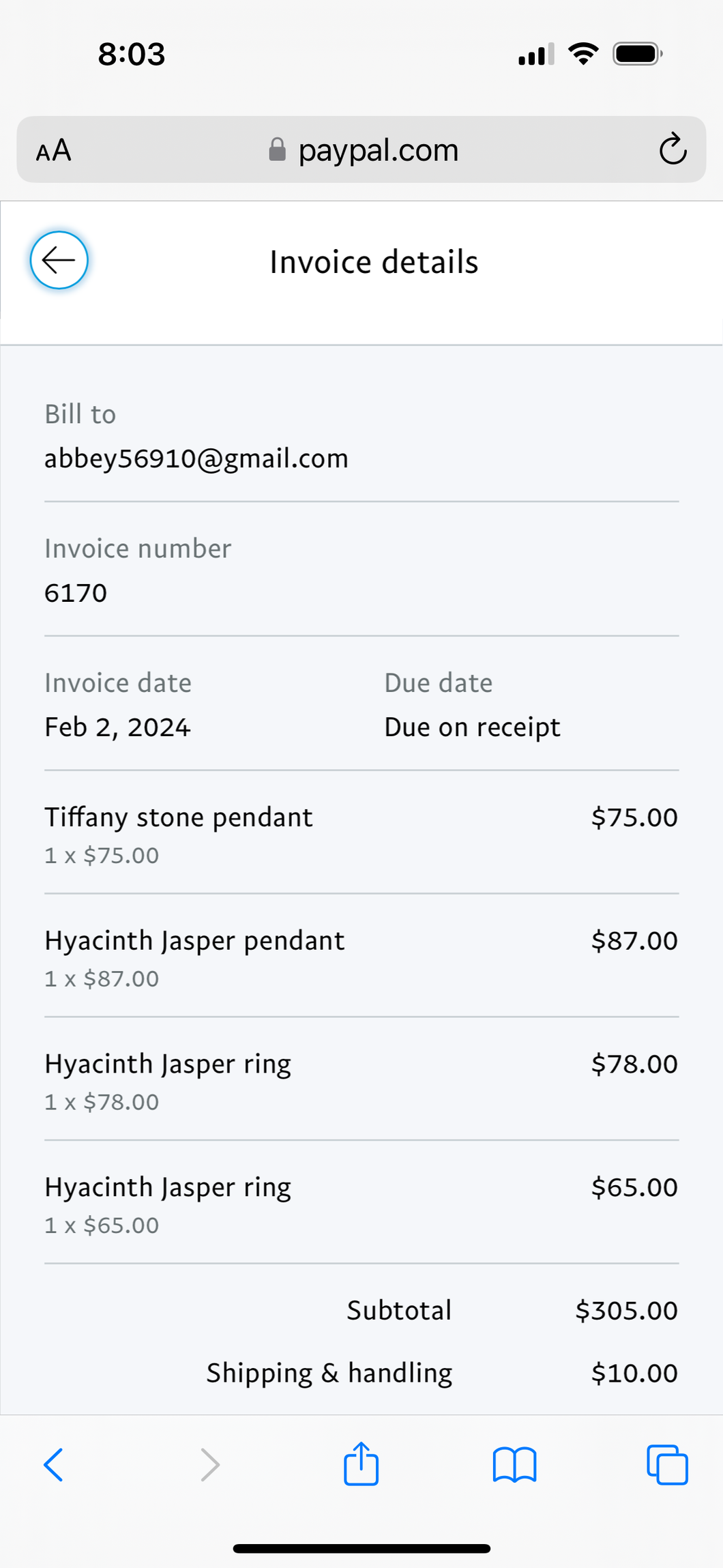 Live sale invoice for @abbey