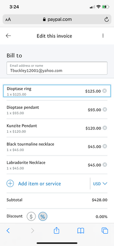 Live sale invoice for @bluestonetarot